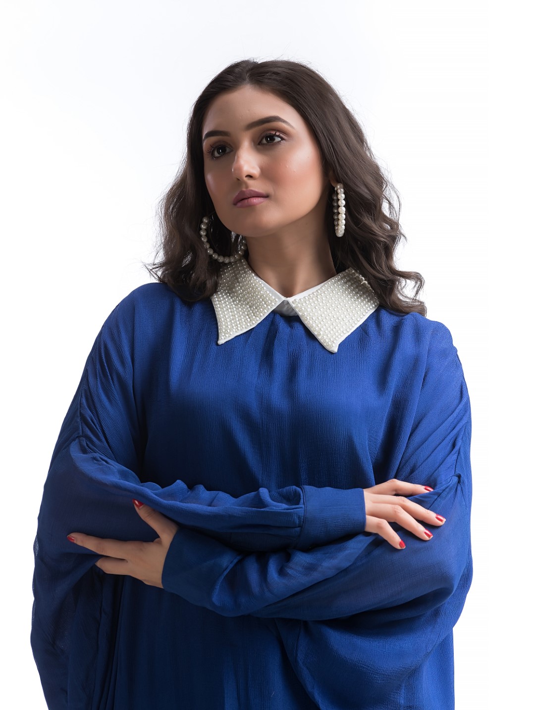 Royal Blue Dress with Pearl-Embellished Collar