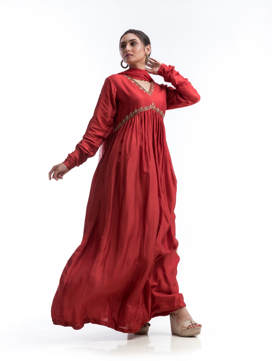 Rich Rust Long Anarkali Gown with Sequined Chiffon Dupatta