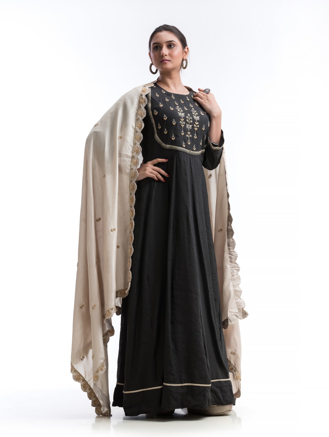 Classic Black Long Anarkali Gown with Traditional Embroidery