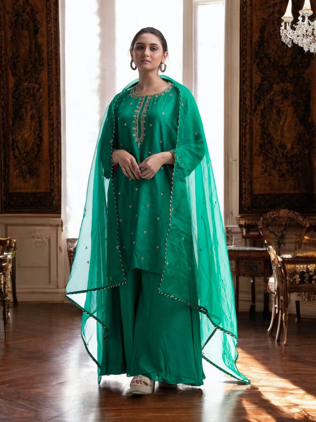 Sophisticated Teal Sharara Set with Gold Embroidery and Gotta Patti Dupatta