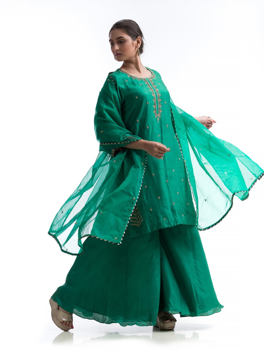 Sophisticated Teal Sharara Set with Gold Embroidery and Gotta Patti Dupatta