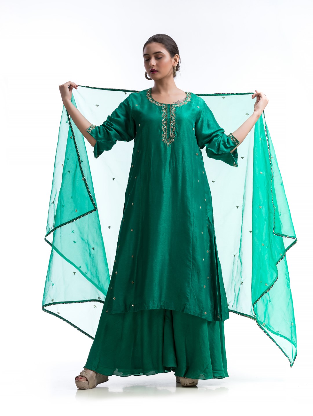 Sophisticated Teal Sharara Set with Gold Embroidery and Gotta Patti Dupatta