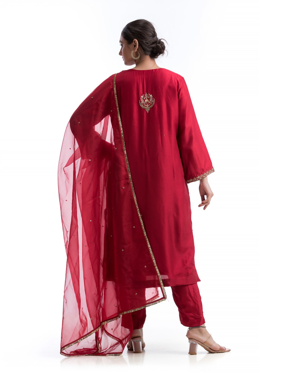 Rose Red Kurta Set with Dramatic Gold Zardosi Motif and Sheer Organza Dupatta