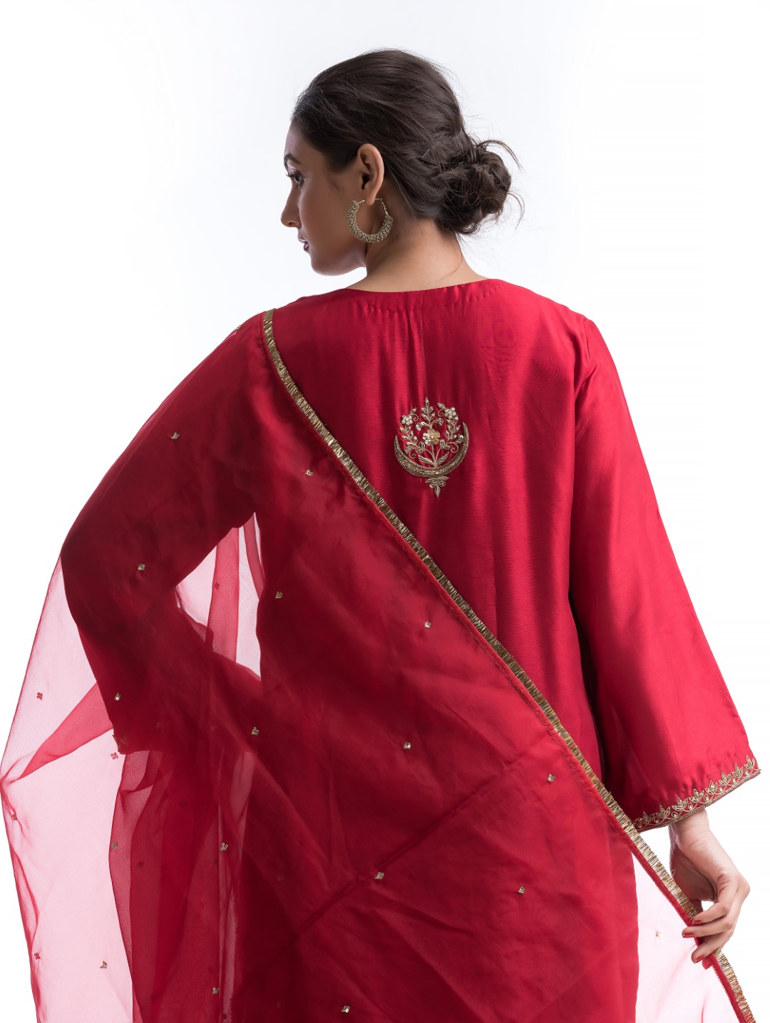 Rose Red Kurta Set with Dramatic Gold Zardosi Motif and Sheer Organza Dupatta