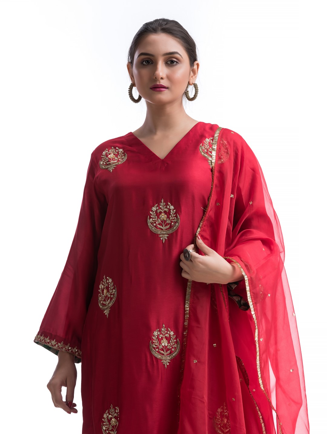 Rose Red Kurta Set with Dramatic Gold Zardosi Motif and Sheer Organza Dupatta