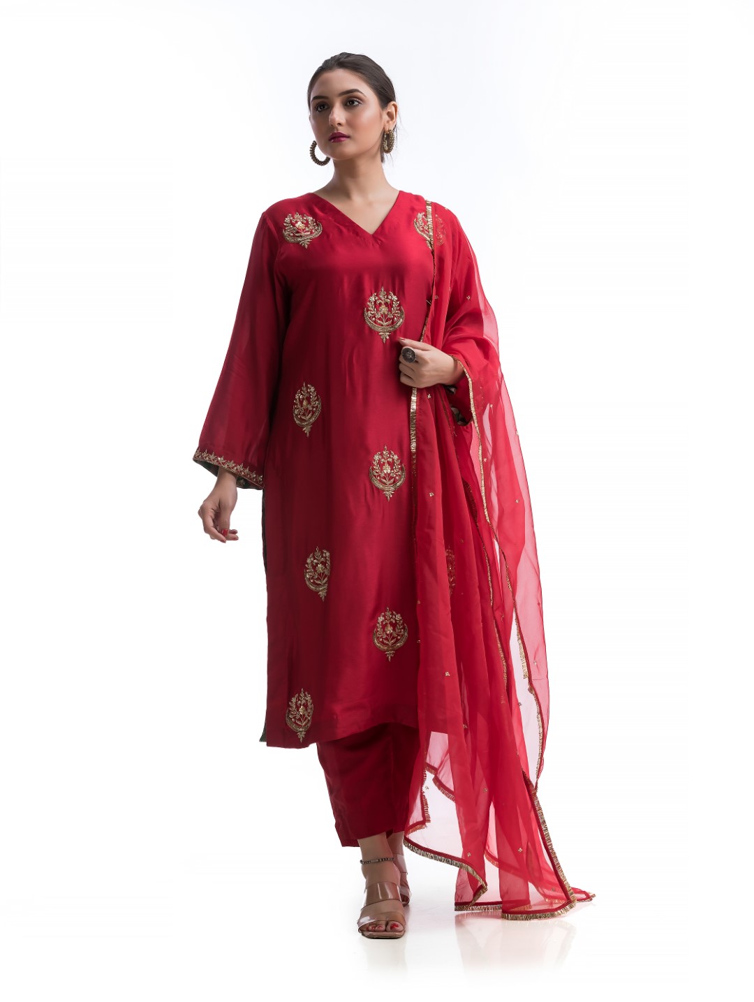 Rose Red Kurta Set with Dramatic Gold Zardosi Motif and Sheer Organza Dupatta