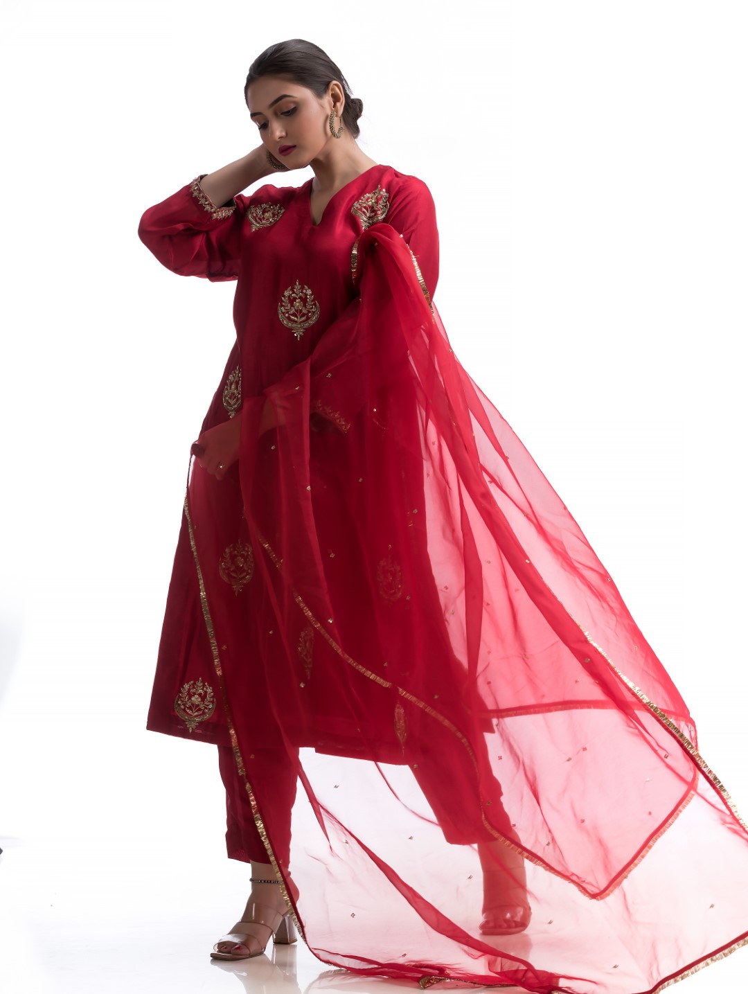 Rose Red Kurta Set with Dramatic Gold Zardosi Motif and Sheer Organza Dupatta