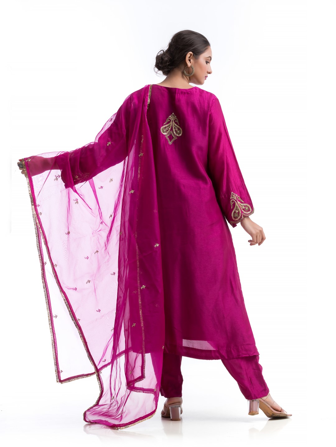 Hot Pink Kurta Set with Zari and Sequin Embellished Neckline