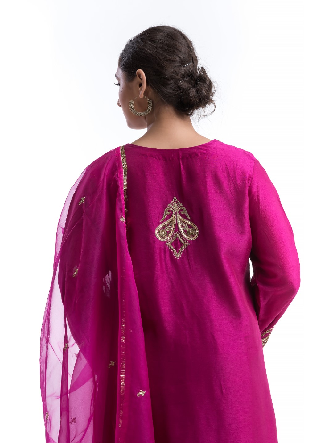 Hot Pink Kurta Set with Zari and Sequin Embellished Neckline