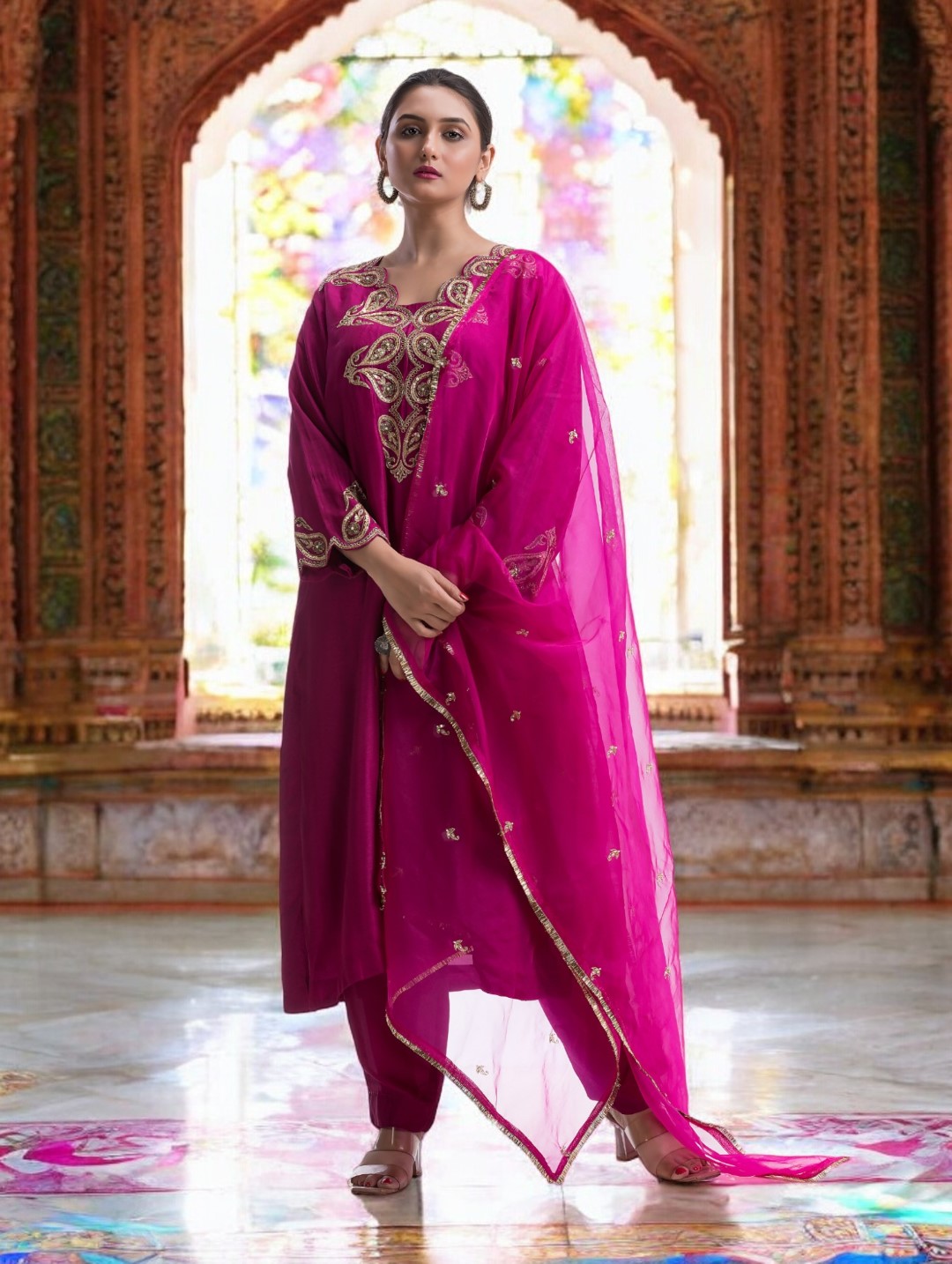 Hot Pink Kurta Set with Zari and Sequin Embellished Neckline