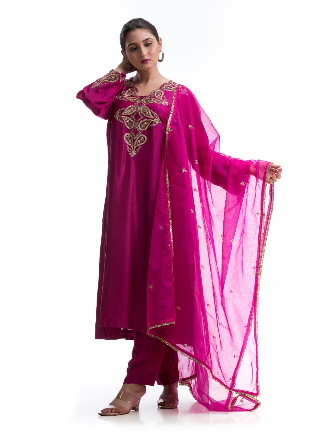 Hot Pink Kurta Set with Zari and Sequin Embellished Neckline