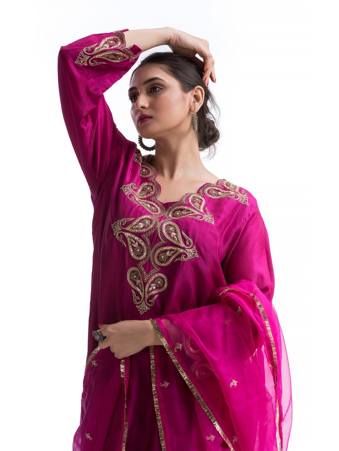 Hot Pink Kurta Set with Zari and Sequin Embellished Neckline