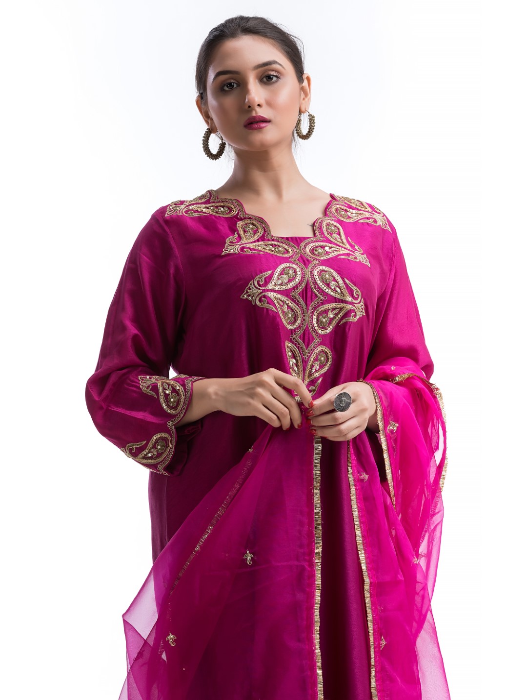 Hot Pink Kurta Set with Zari and Sequin Embellished Neckline