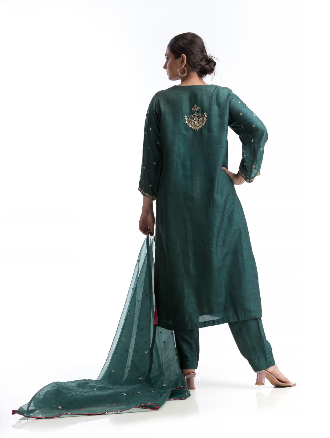 Dark Green Kurta Set with Gold Zardosi and Contrast Pink Gotta Lace