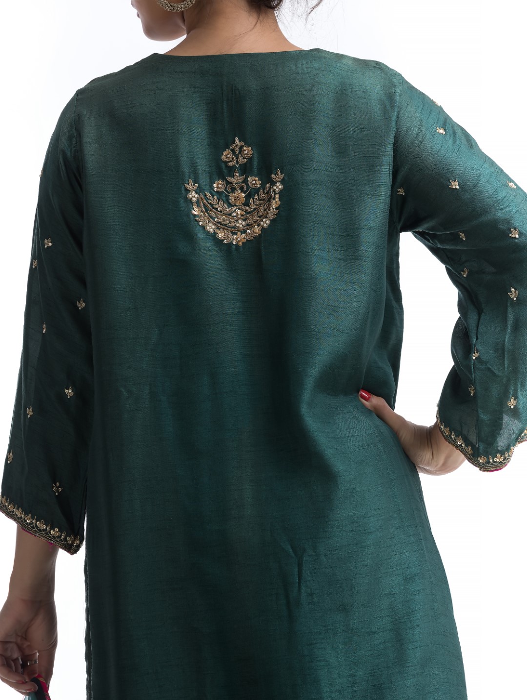 Dark Green Kurta Set with Gold Zardosi and Contrast Pink Gotta Lace