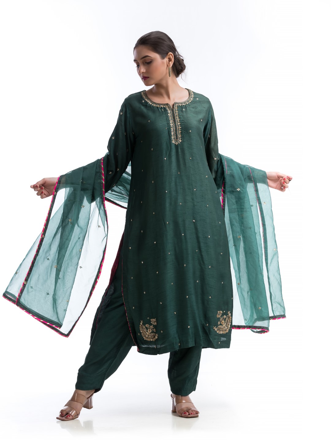 Dark Green Kurta Set with Gold Zardosi and Contrast Pink Gotta Lace