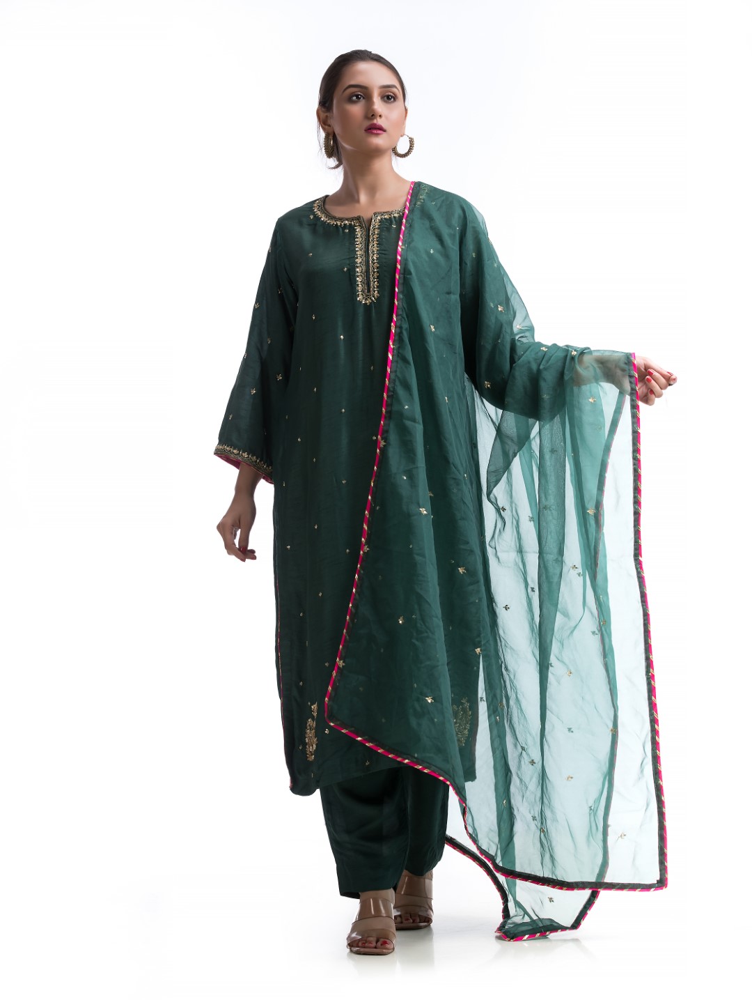 Dark Green Kurta Set with Gold Zardosi and Contrast Pink Gotta Lace