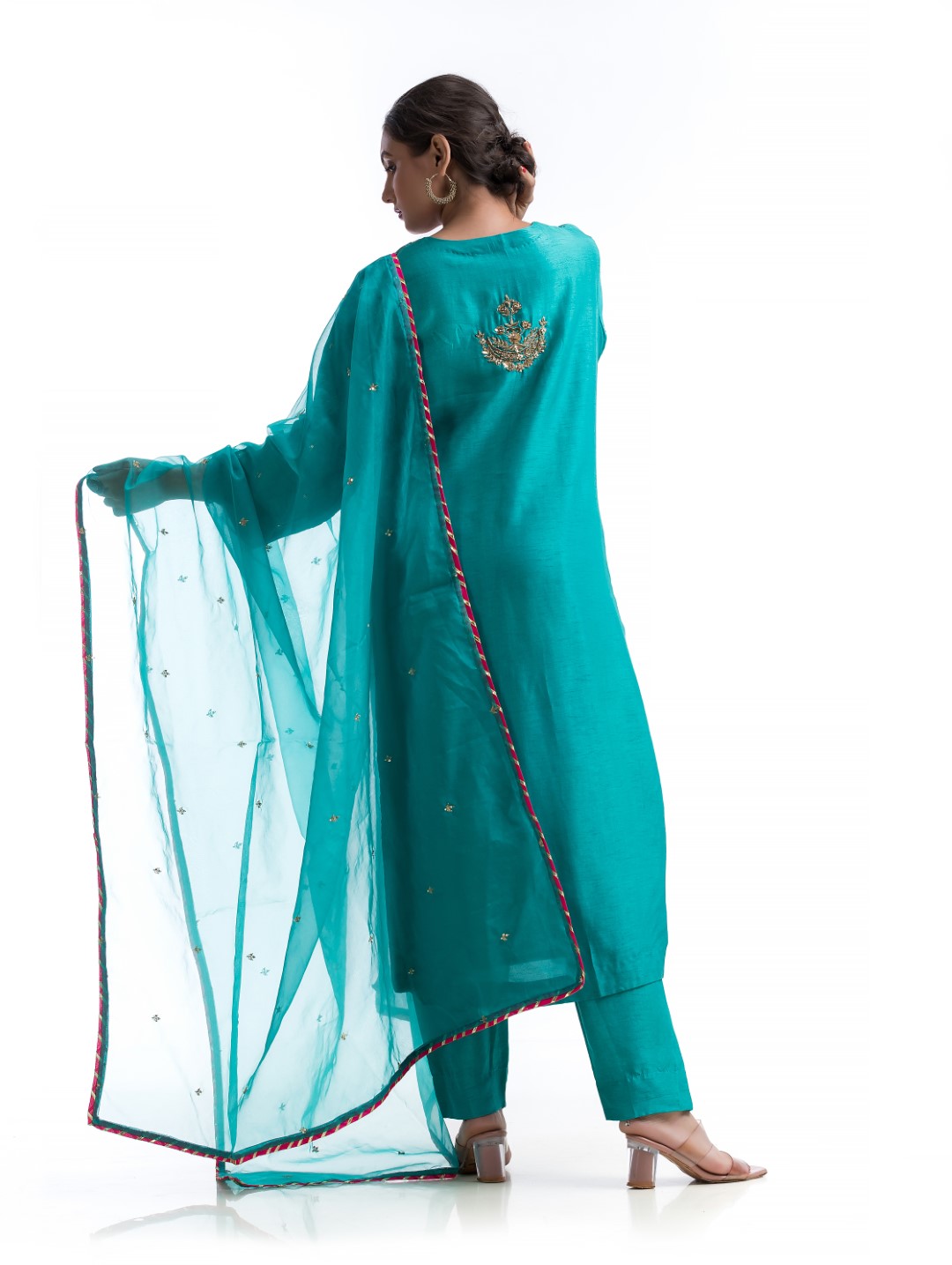 Teal Green Kurta Set with Gold Zardosi and Contrast Red Gotta Lace