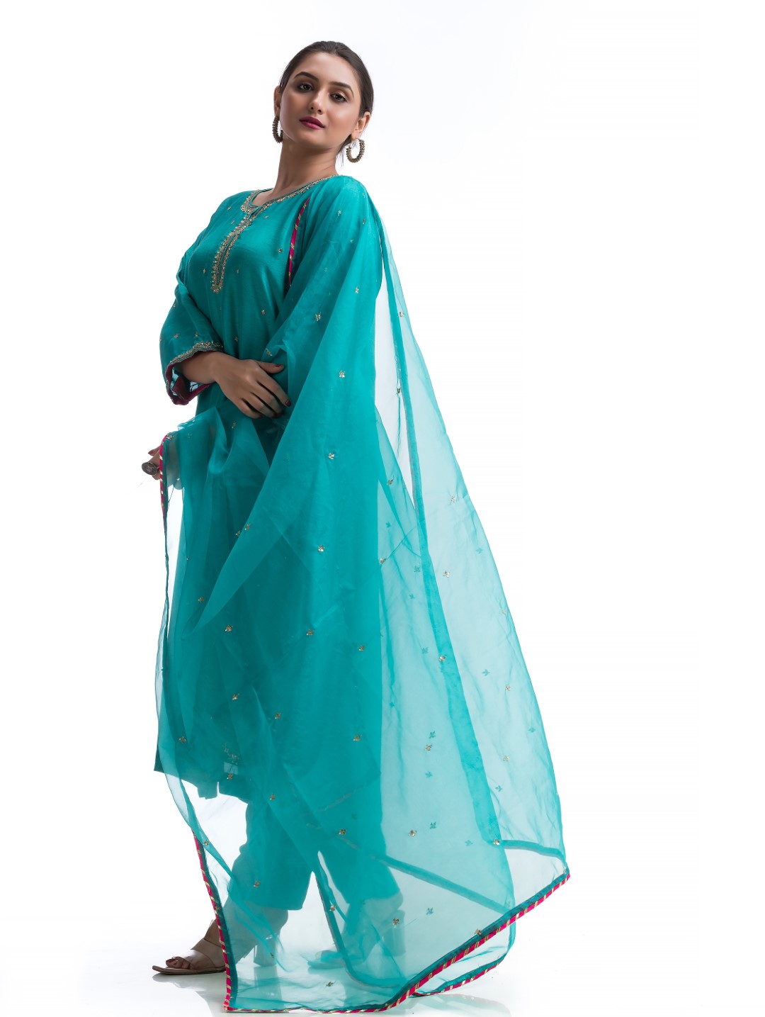 Teal Green Kurta Set with Gold Zardosi and Contrast Red Gotta Lace