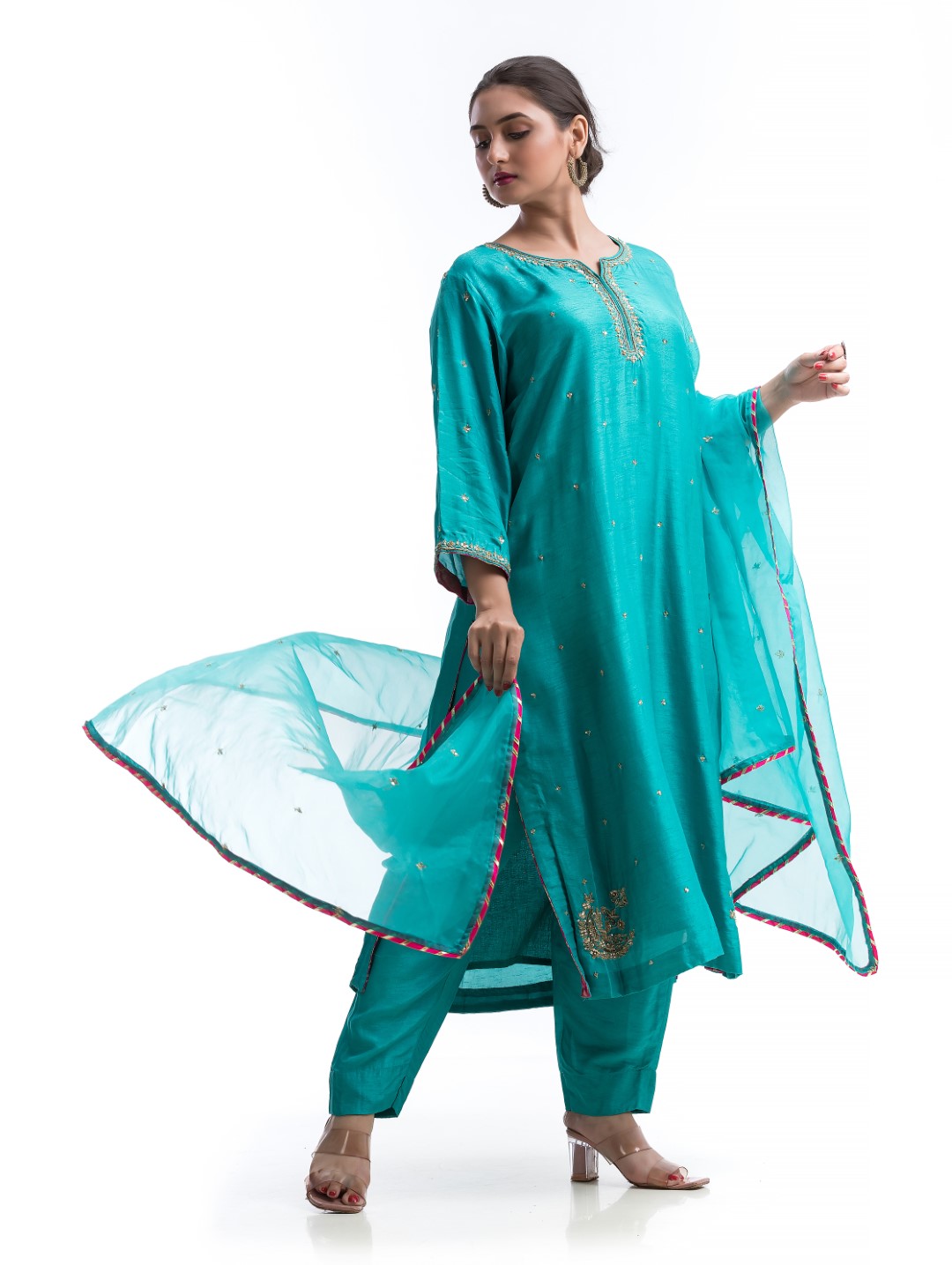 Teal Green Kurta Set with Gold Zardosi and Contrast Red Gotta Lace