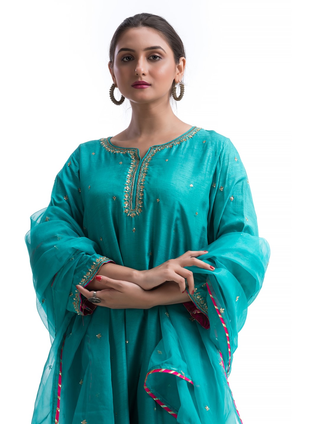 Teal Green Kurta Set with Gold Zardosi and Contrast Red Gotta Lace