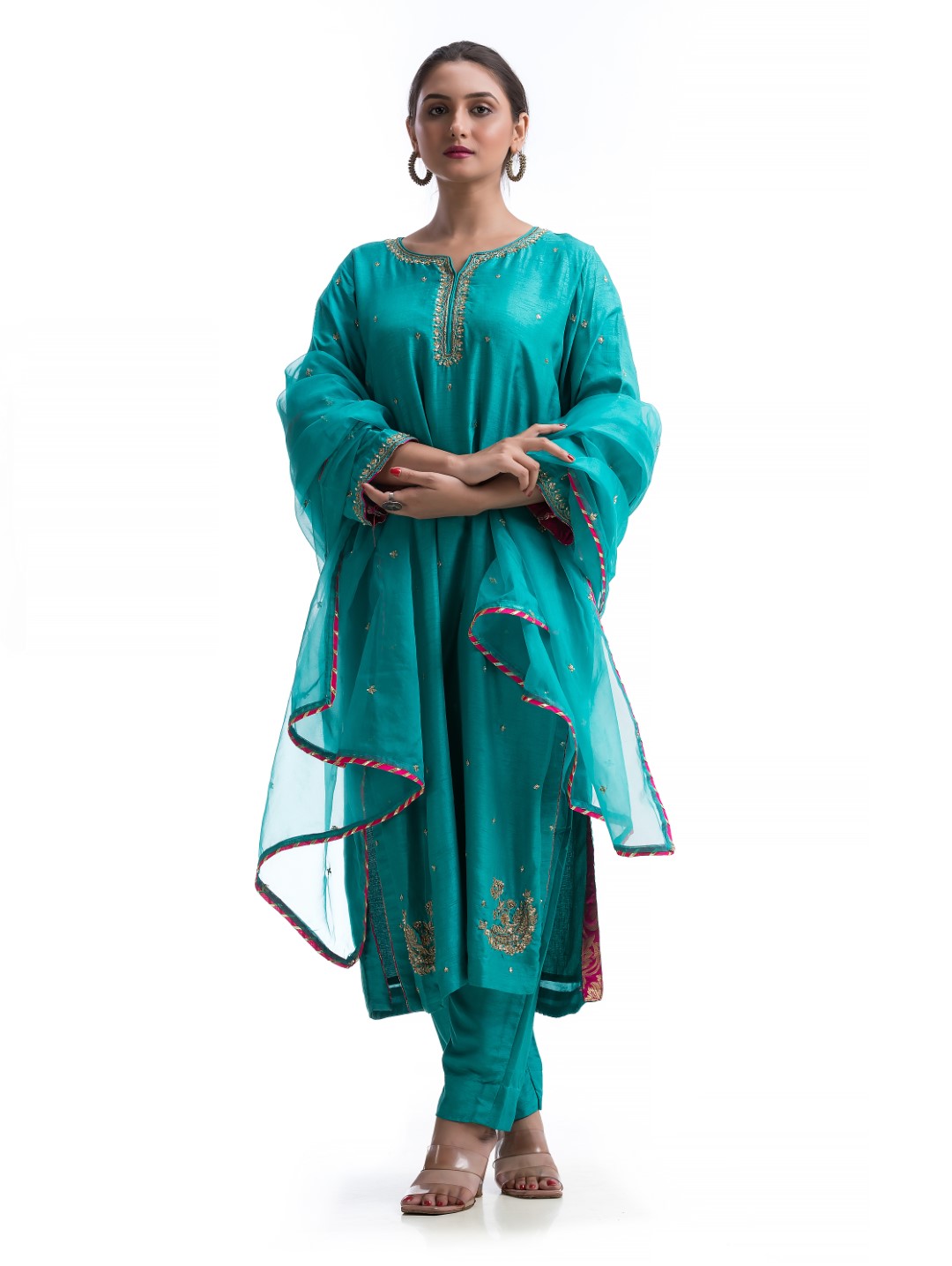 Teal Green Kurta Set with Gold Zardosi and Contrast Red Gotta Lace