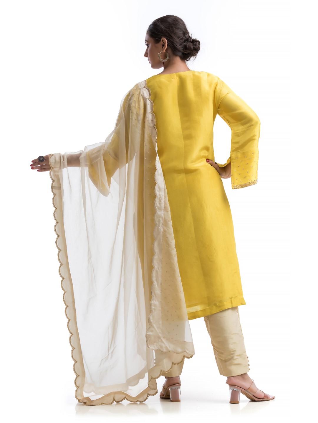 Golden Yellow Kurta Set with Scallop Dupatta and Sequin-Pearl Handwork