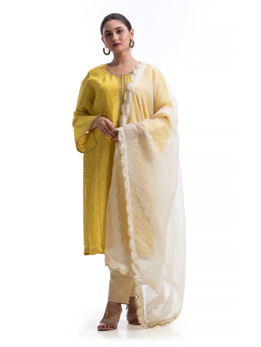 Golden Yellow Kurta Set with Scallop Dupatta and Sequin-Pearl Handwork