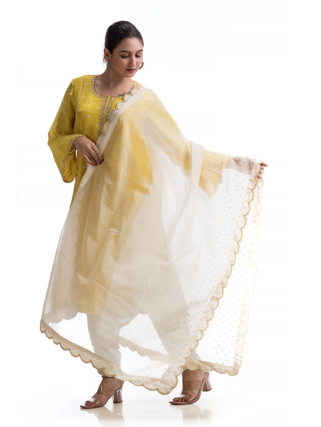 Golden Yellow Kurta Set with Scallop Dupatta and Sequin-Pearl Handwork