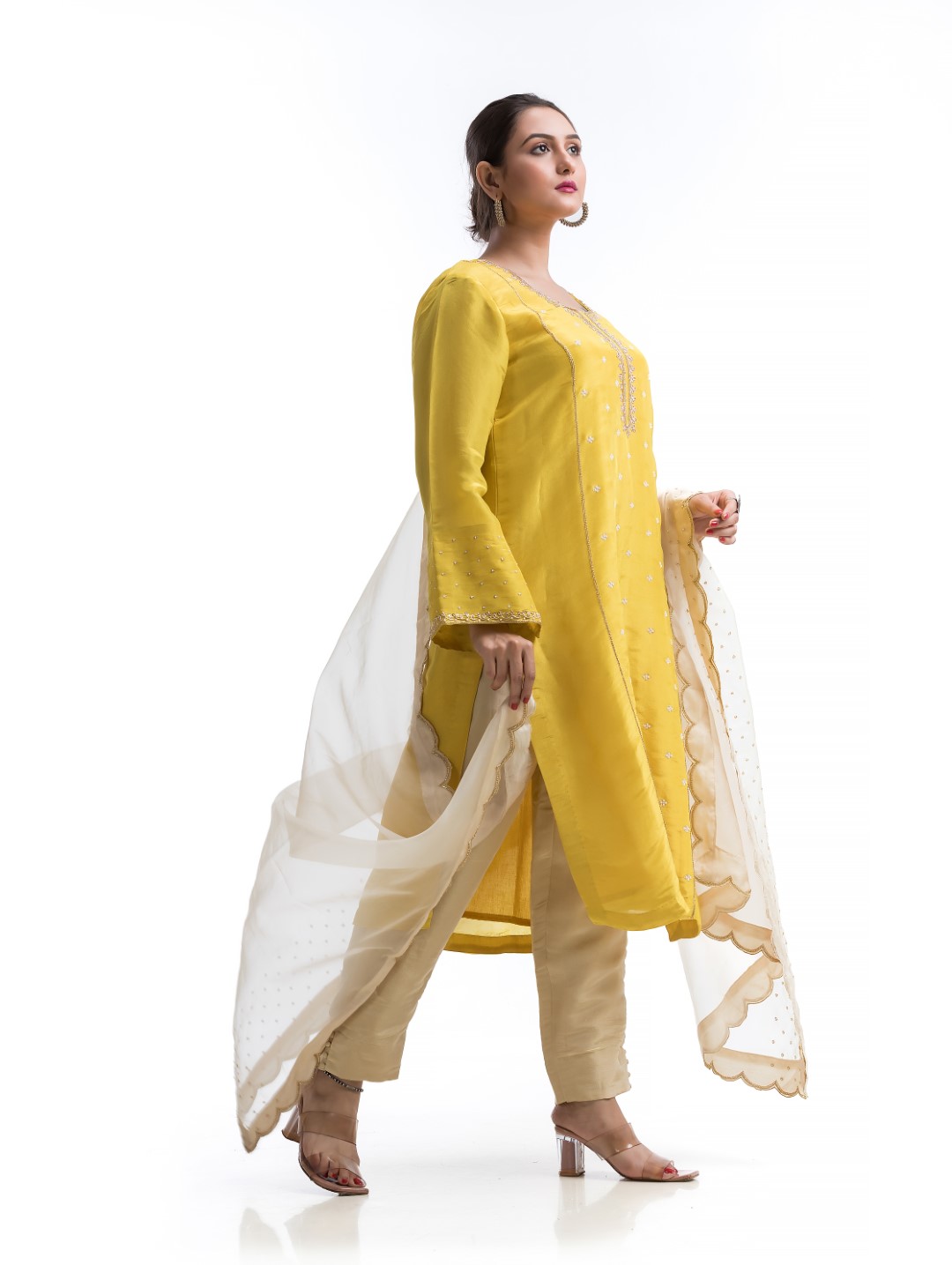 Golden Yellow Kurta Set with Scallop Dupatta and Sequin-Pearl Handwork