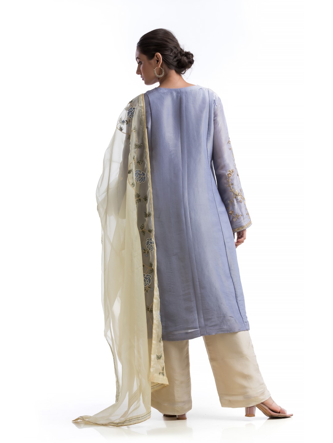 Pastel Lavender & Beige Kurta Set with Gold Zardosi Embroidery