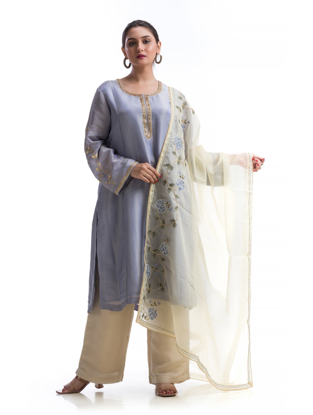 Pastel Lavender & Beige Kurta Set with Gold Zardosi Embroidery