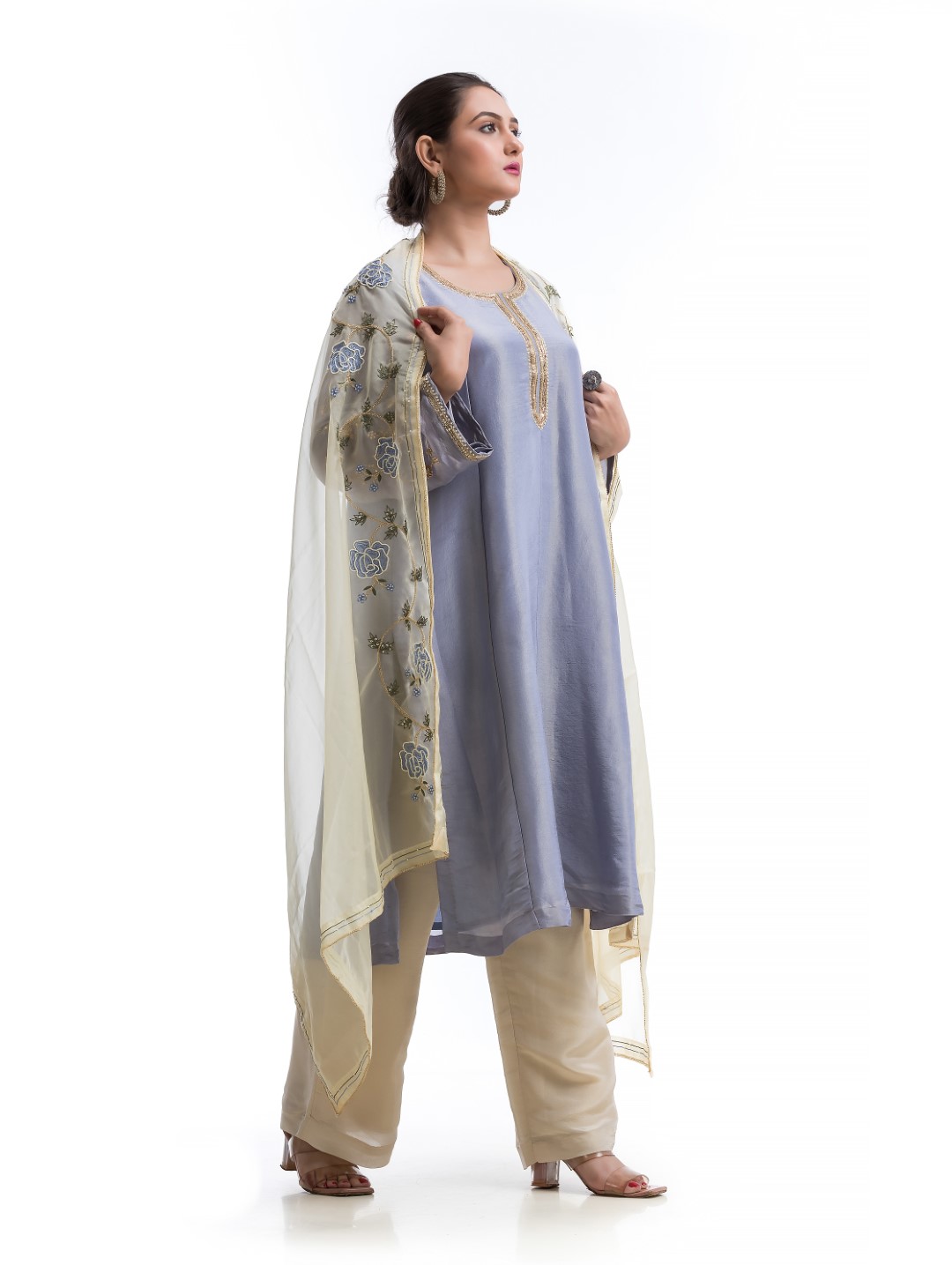 Pastel Lavender & Beige Kurta Set with Gold Zardosi Embroidery