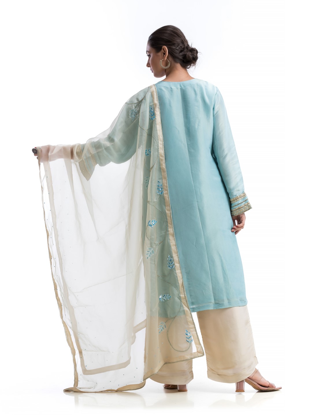 Pastel Blue & Beige Kurta Set with Pearl Detailing and Sheer Dupatta