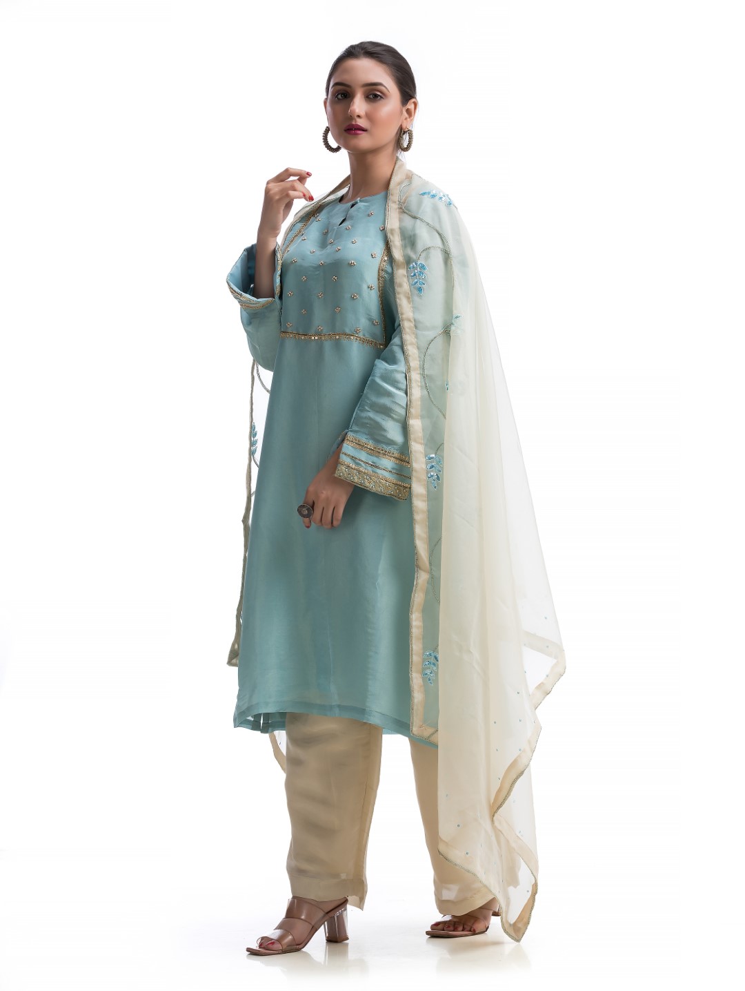 Pastel Blue & Beige Kurta Set with Pearl Detailing and Sheer Dupatta