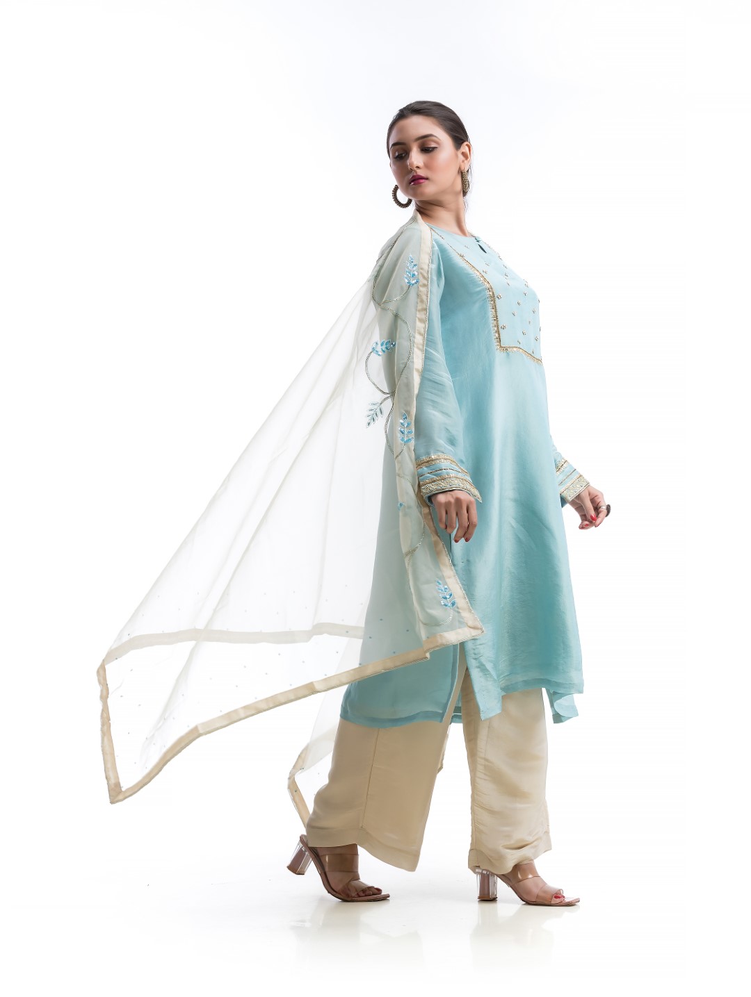 Pastel Blue & Beige Kurta Set with Pearl Detailing and Sheer Dupatta