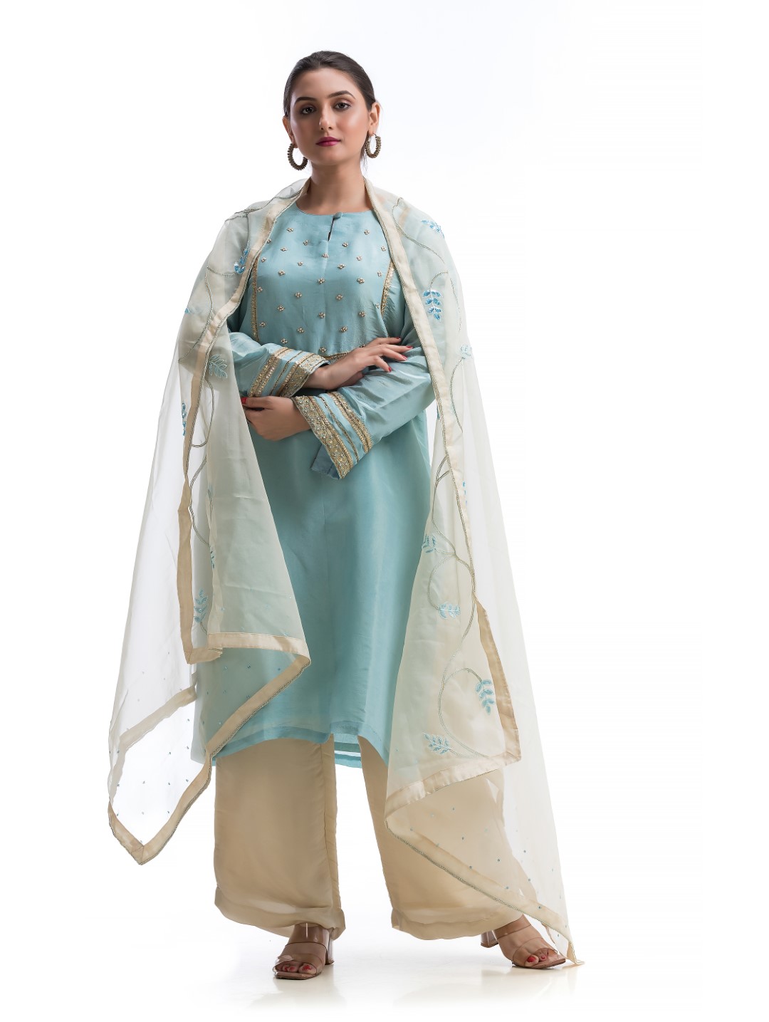 Pastel Blue & Beige Kurta Set with Pearl Detailing and Sheer Dupatta