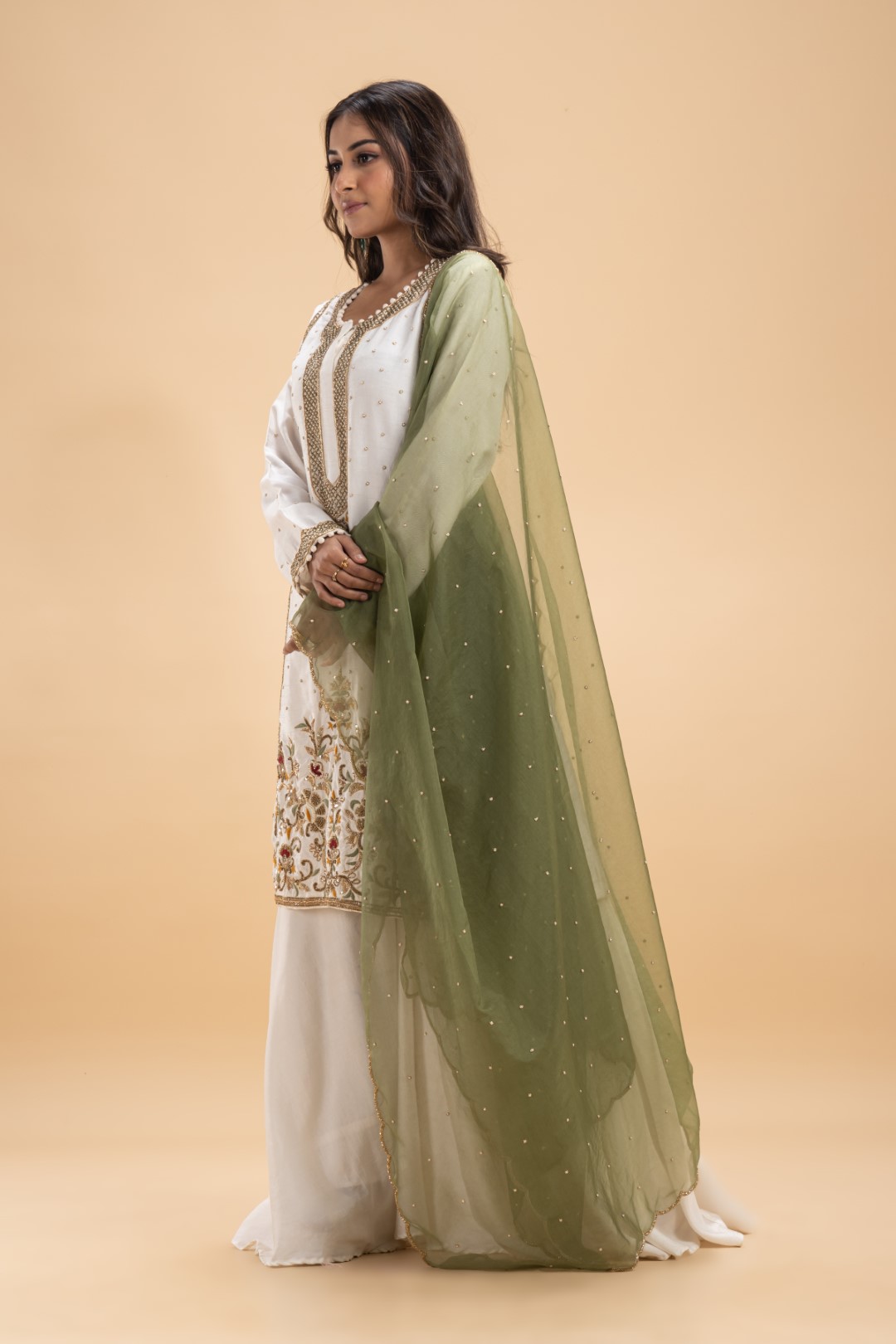 Ivory Raw Silk Sharara Set with Multicolor Hand Embroidery and Pista Green Dupatta