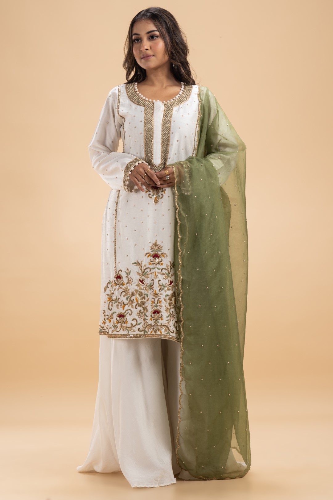 Ivory Raw Silk Sharara Set with Multicolor Hand Embroidery and Pista Green Dupatta