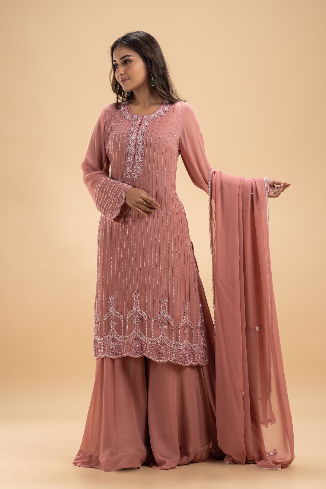 Rose Pink Georgette Sharara Set with Intricate Self-Work Embroidery