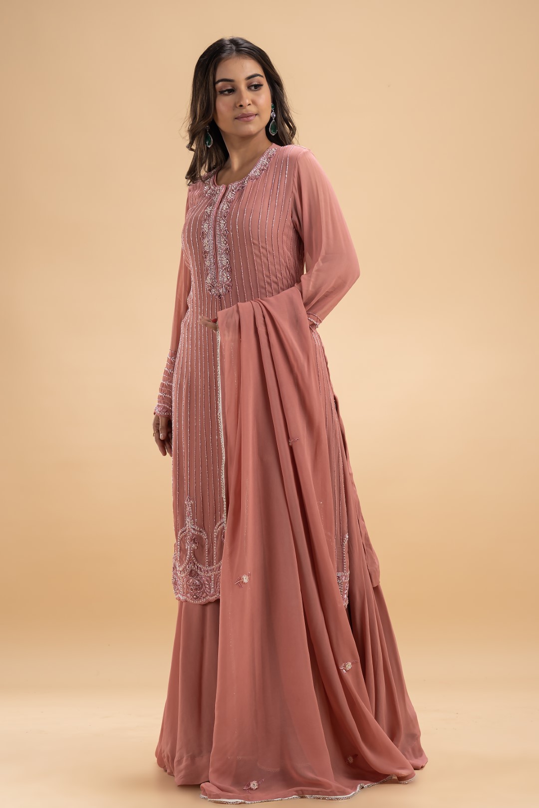 Rose Pink Georgette Sharara Set with Intricate Self-Work Embroidery