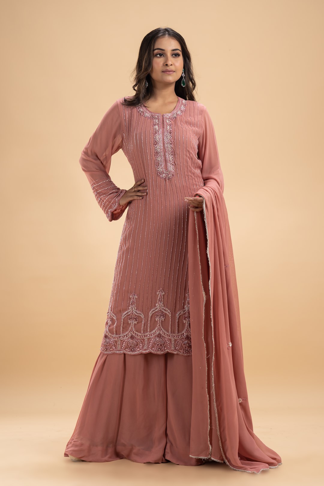 Rose Pink Georgette Sharara Set with Intricate Self-Work Embroidery