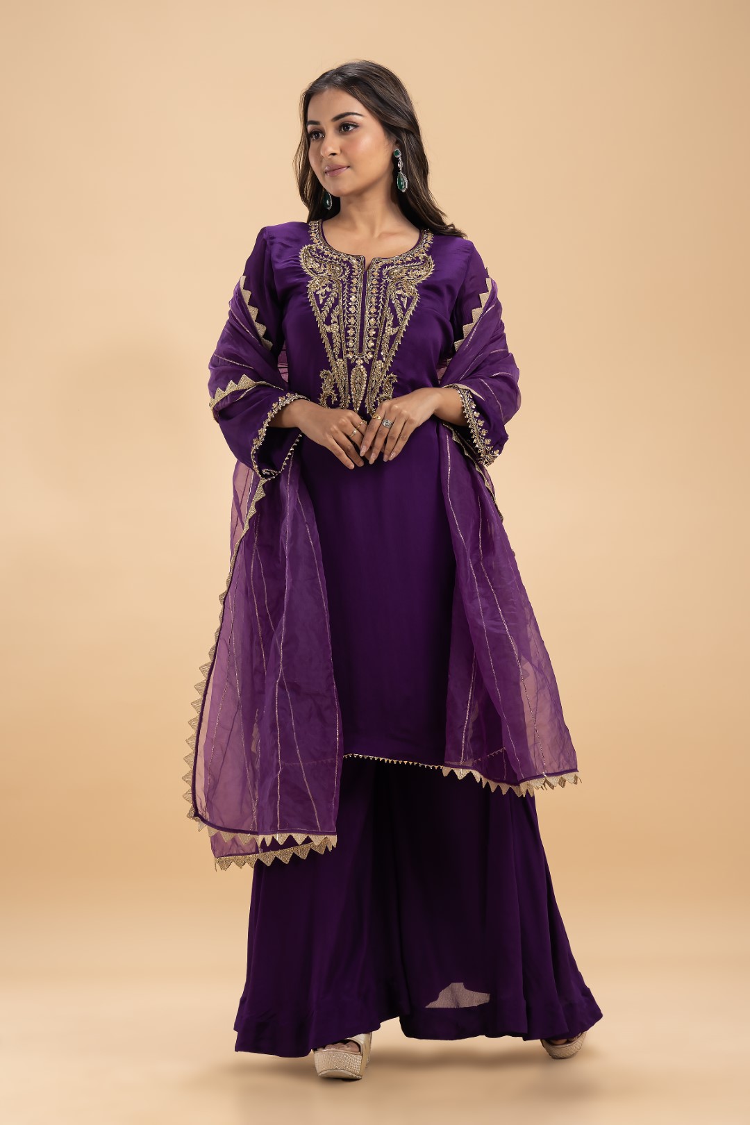 Royal Purple Sharara Set with Gold Zardosi Work and Gotta Patti Detailing