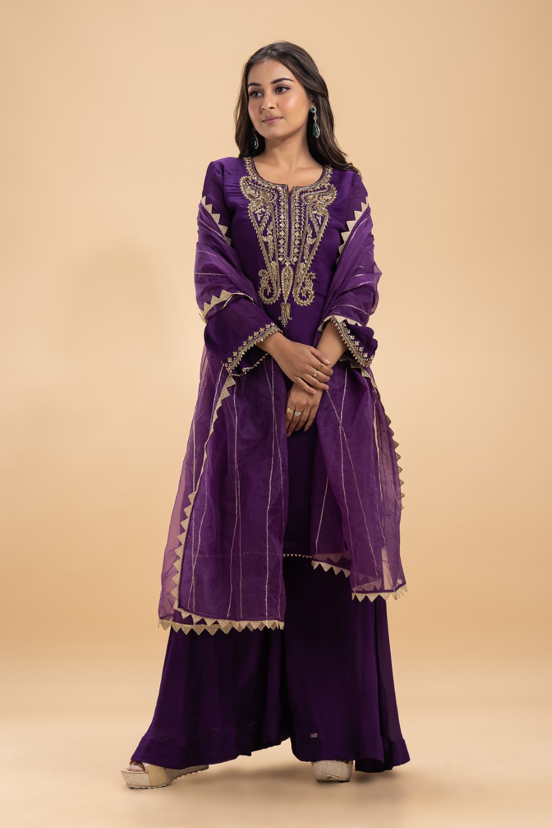 Royal Purple Sharara Set with Gold Zardosi Work and Gotta Patti Detailing