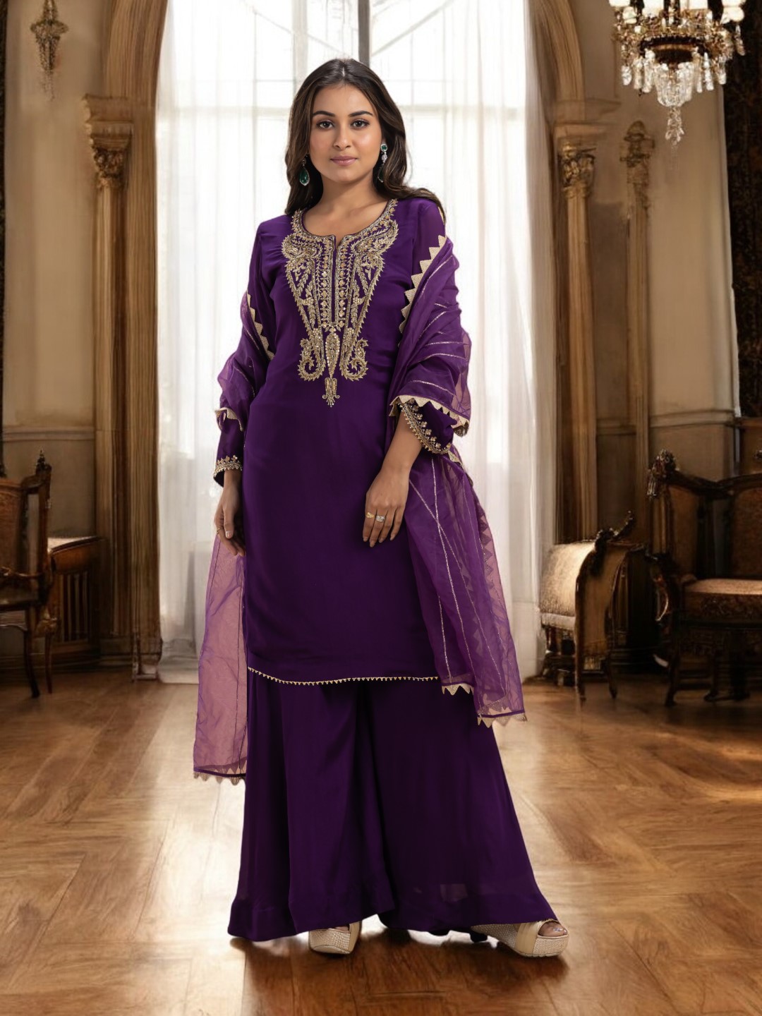 Royal Purple Sharara Set with Gold Zardosi Work and Gotta Patti Detailing