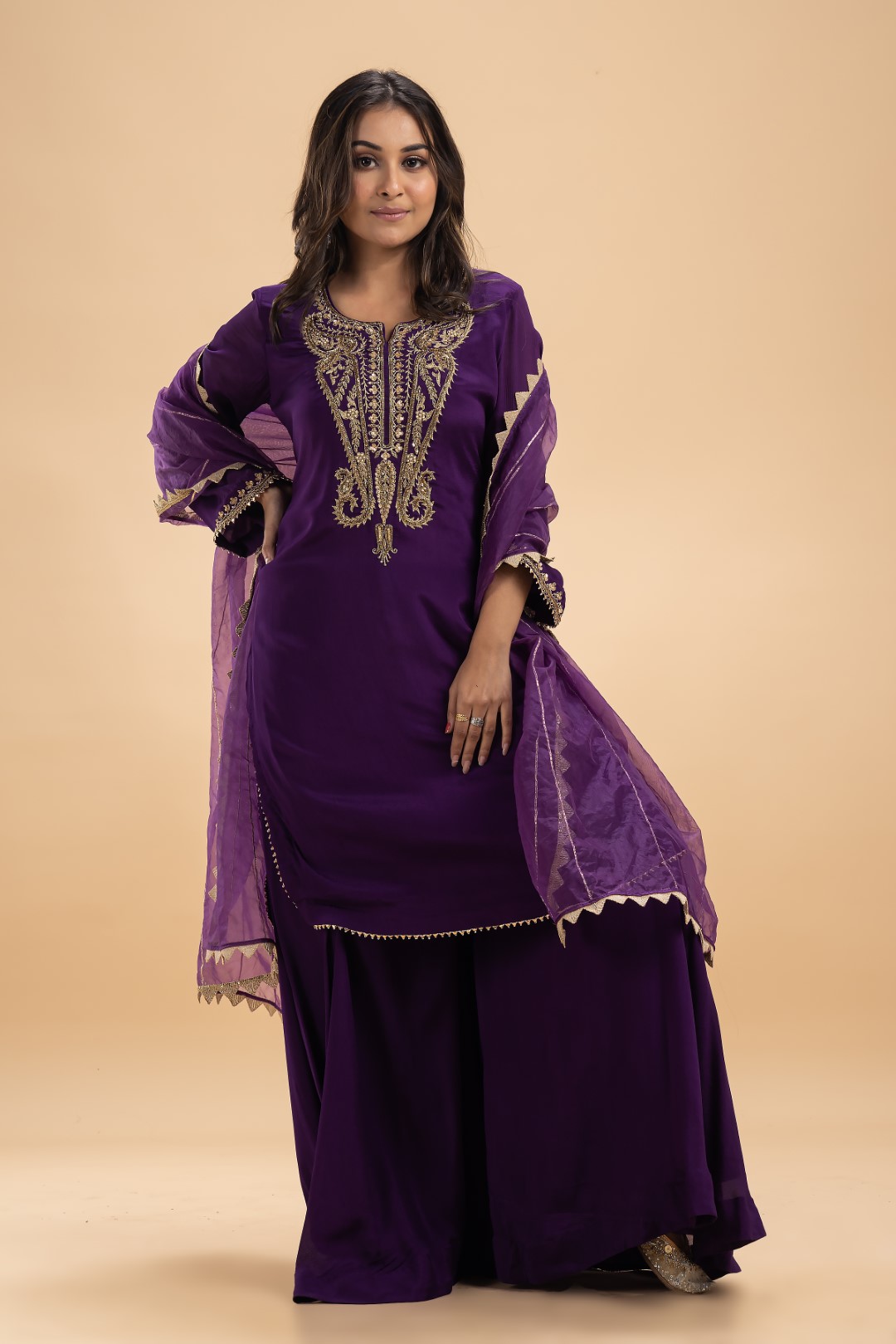 Royal Purple Sharara Set with Gold Zardosi Work and Gotta Patti Detailing