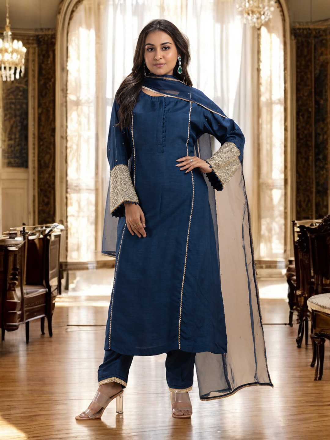 Classic Blue Kurta Set with Sequin Handwork and Gotta Lace Trims