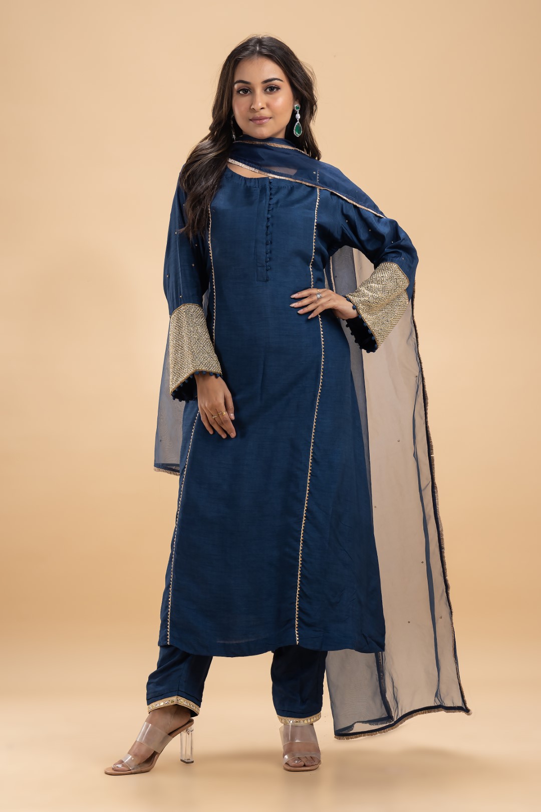 Classic Blue Kurta Set with Sequin Handwork and Gotta Lace Trims