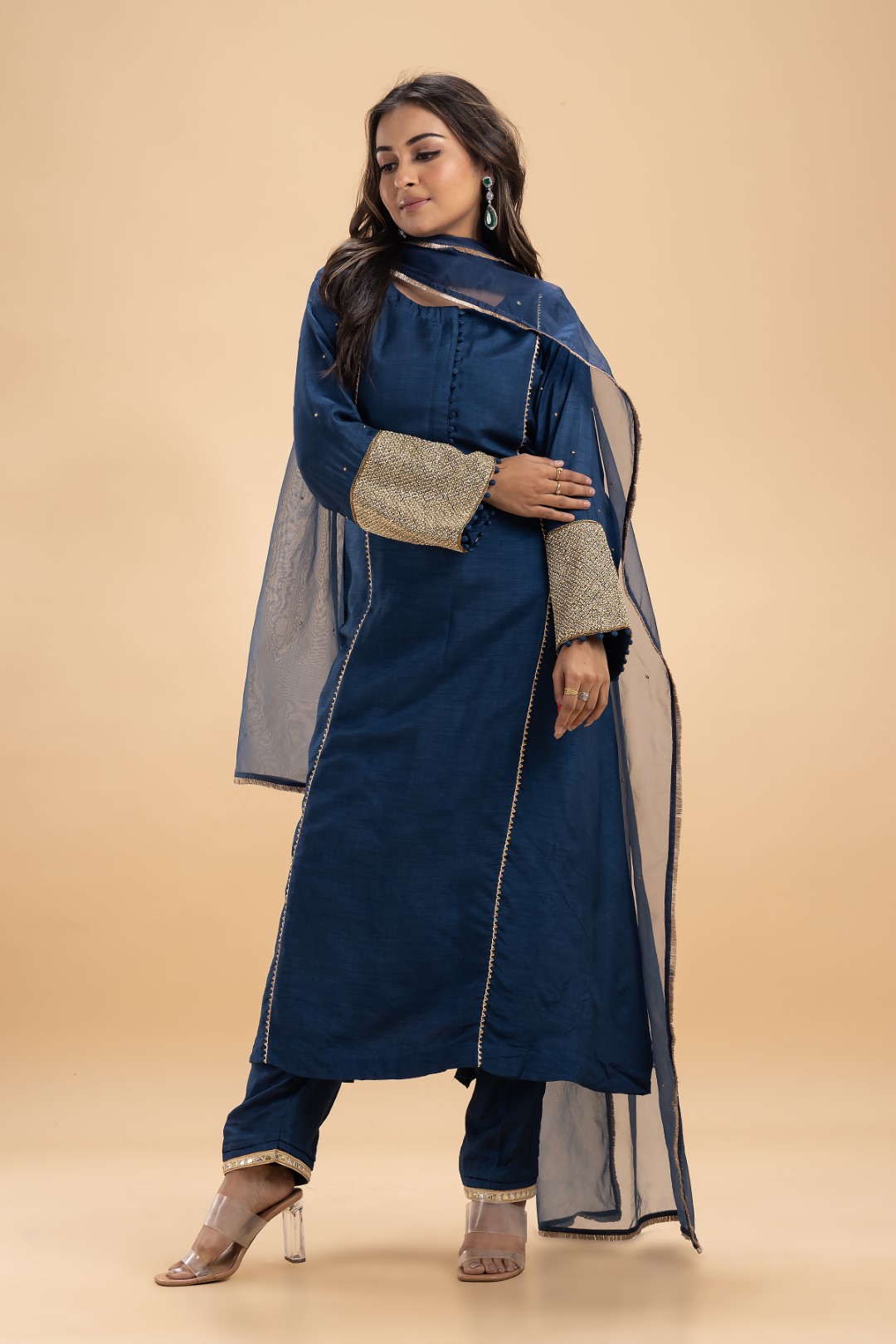 Classic Blue Kurta Set with Sequin Handwork and Gotta Lace Trims