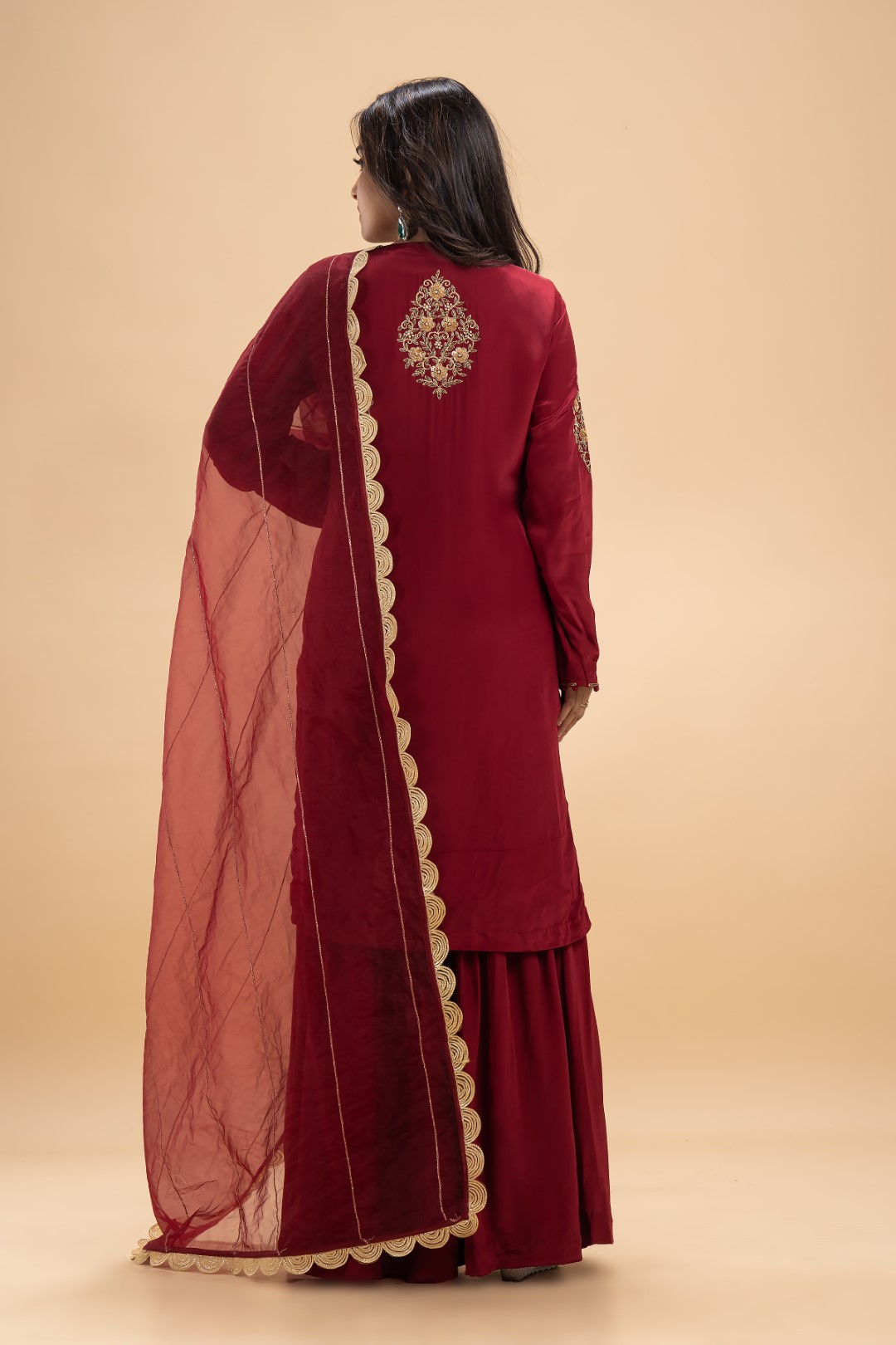 Elegant Maroon Gharara Set with Gold Embroidery and Gotta Detailing